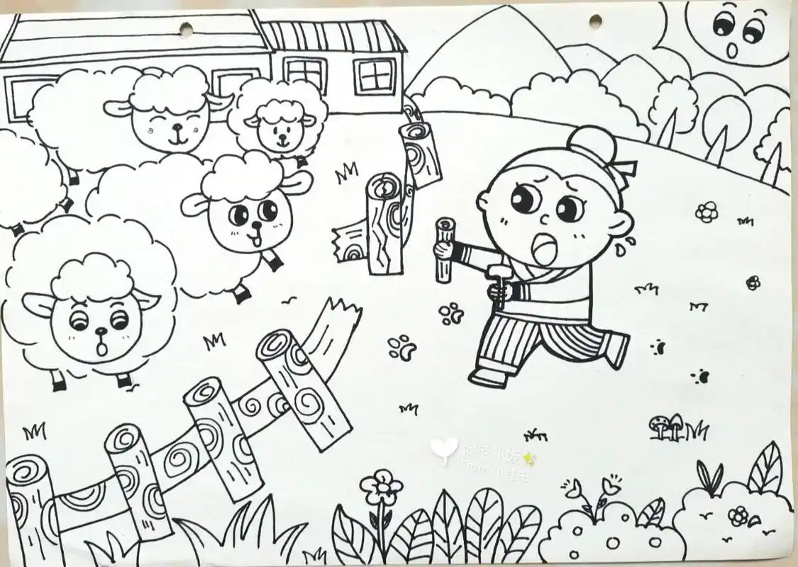 线描儿童画简笔画《亡羊补牢》主题画 发一个库存 喜欢的可以点赞77