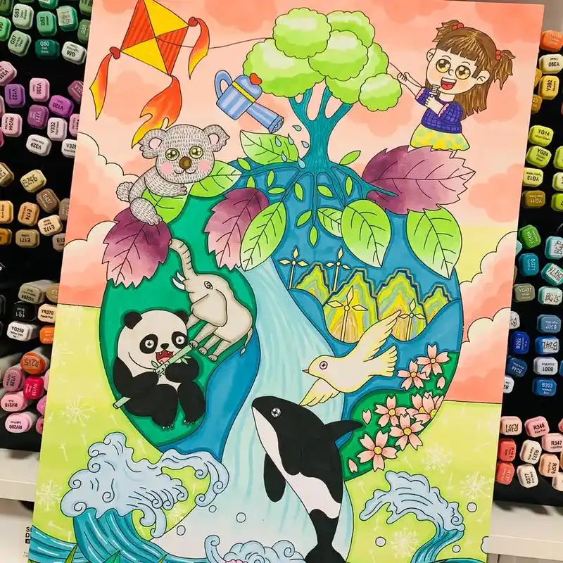 世界地球日儿童画 #人与自然和谐共生绘画 #保护环境绘画# - 抖音