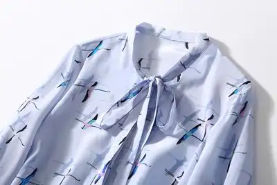 清雅淡紫蓝色调唯美雁儿印花真丝衬衣飘带领气质百搭蚕丝衬衫女