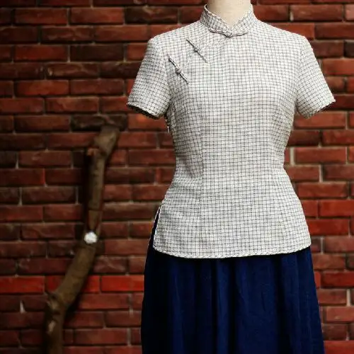 中式棉麻女装斜襟手工盘扣民国风格子衬衫茶服唐装