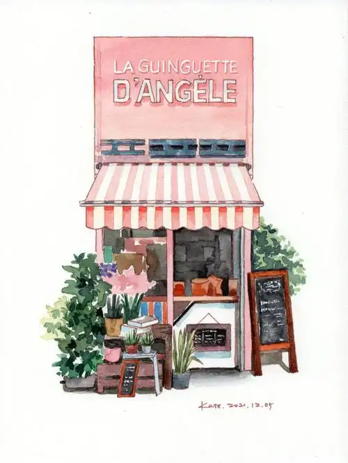 水彩课跟画|粉色小店(附过程)