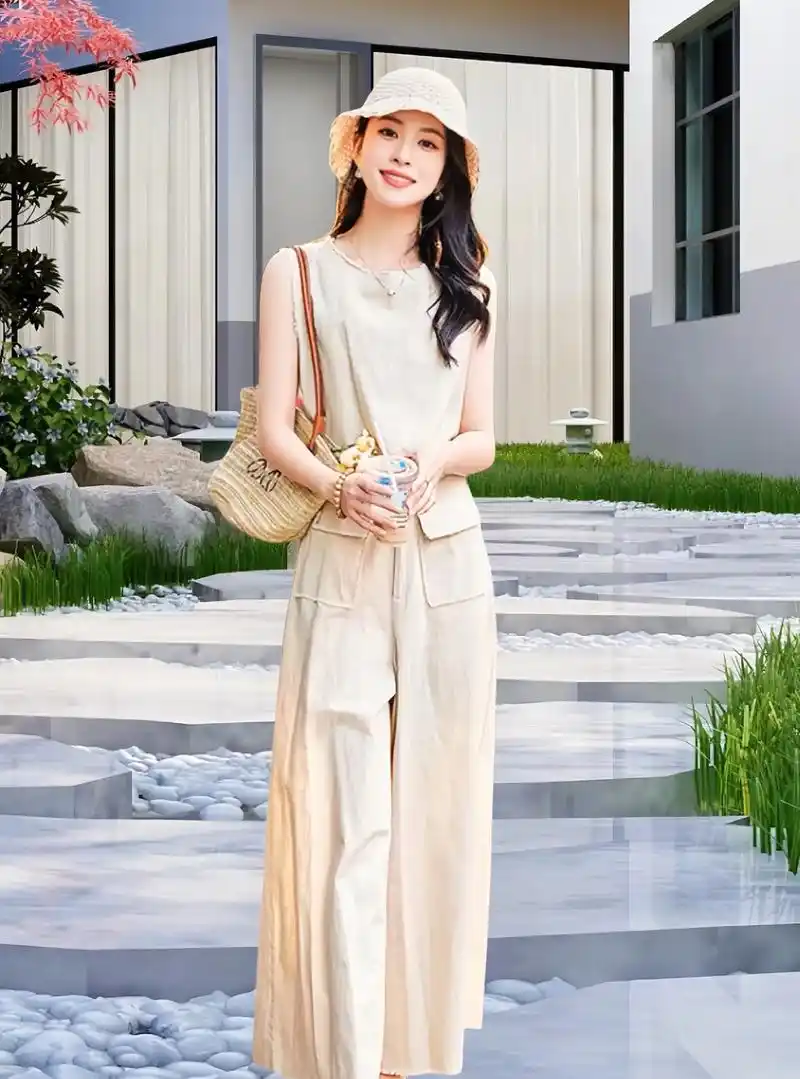 夏季新款无袖背心上衣加阔腿裤休闲套装