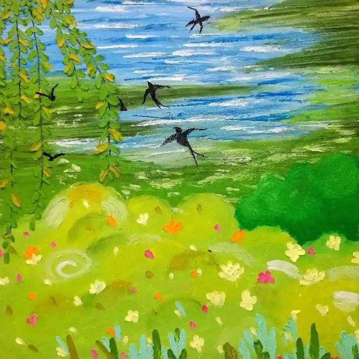 油画棒-燕归来.堤坝上有兜卖风筝的小贩他们在预售春天.