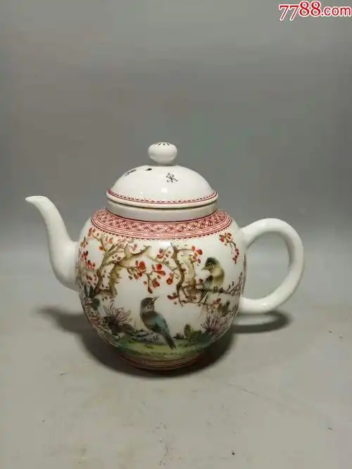 民国陶瓷美术大师刘雨岑款,粉彩花鸟侧提茶壶,包老包真_价格1699元_第
