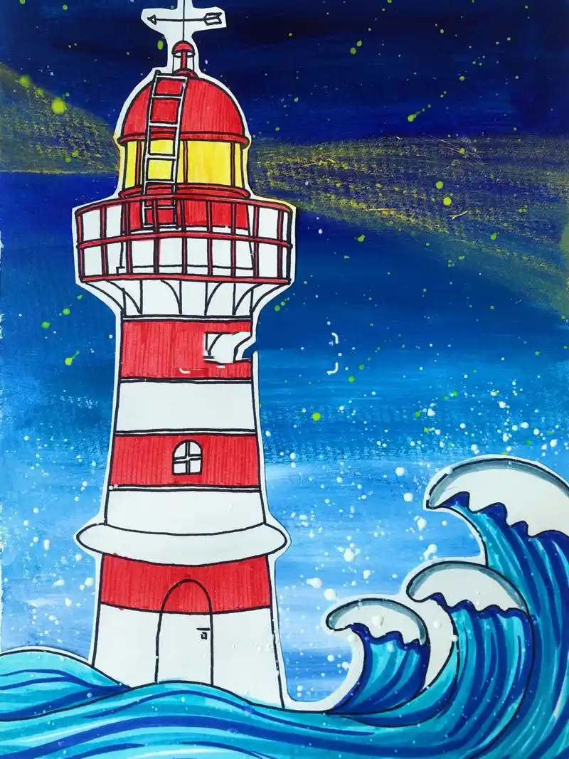 创意美术|灯塔(内附步骤图) 绘画课程|海浪98|灯塔|剪贴