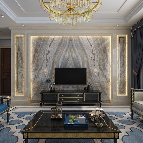 背景墙石纹造型定制影视墙石材微晶石客厅奢华瓷砖电视墙美式轻奢护墙