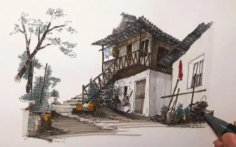 清新田园风马克笔上色作品,走街串巷为老建筑绘画,展示速写过程