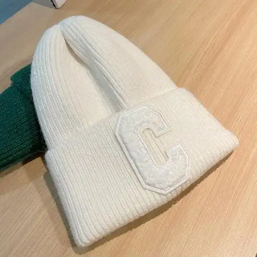 c字母帽子女春秋冬ins潮毛线帽棉帽线帽白色月子大头围冷帽针织帽