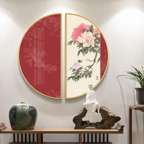 牡丹新中式玄关晶瓷画中国风餐厅装饰画走廊过道壁画圆形轻奢挂画