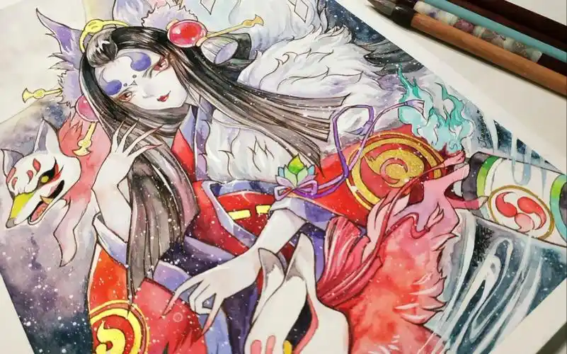 【水彩】女装大佬升级版sp烬天玉藻前!抽不到就自己画一个!hia~!