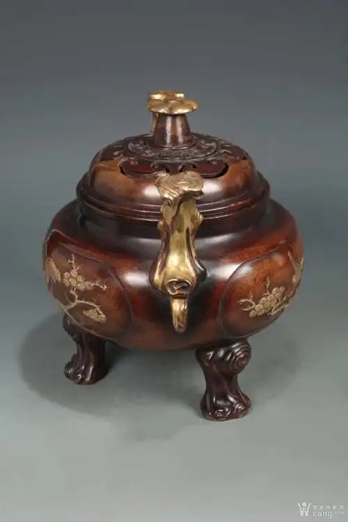 大明宣德炉鎏金香薰带花鸟的