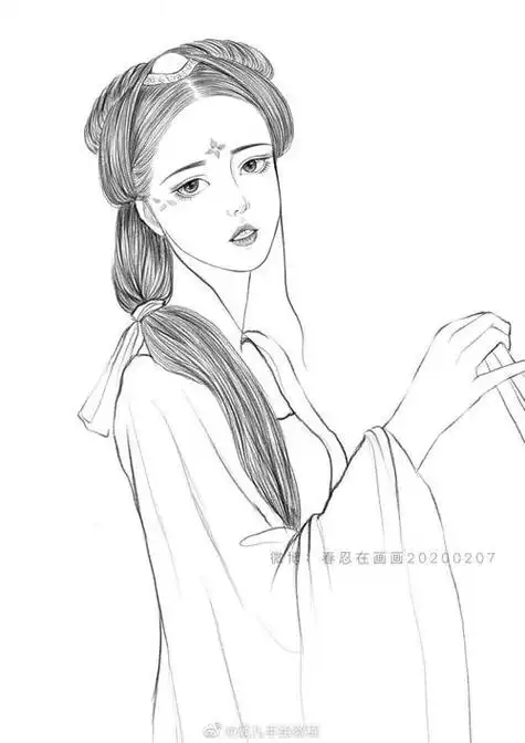 人物黑白动漫素材插画绘画线稿手绘女生男生长发短发转载二次元古风