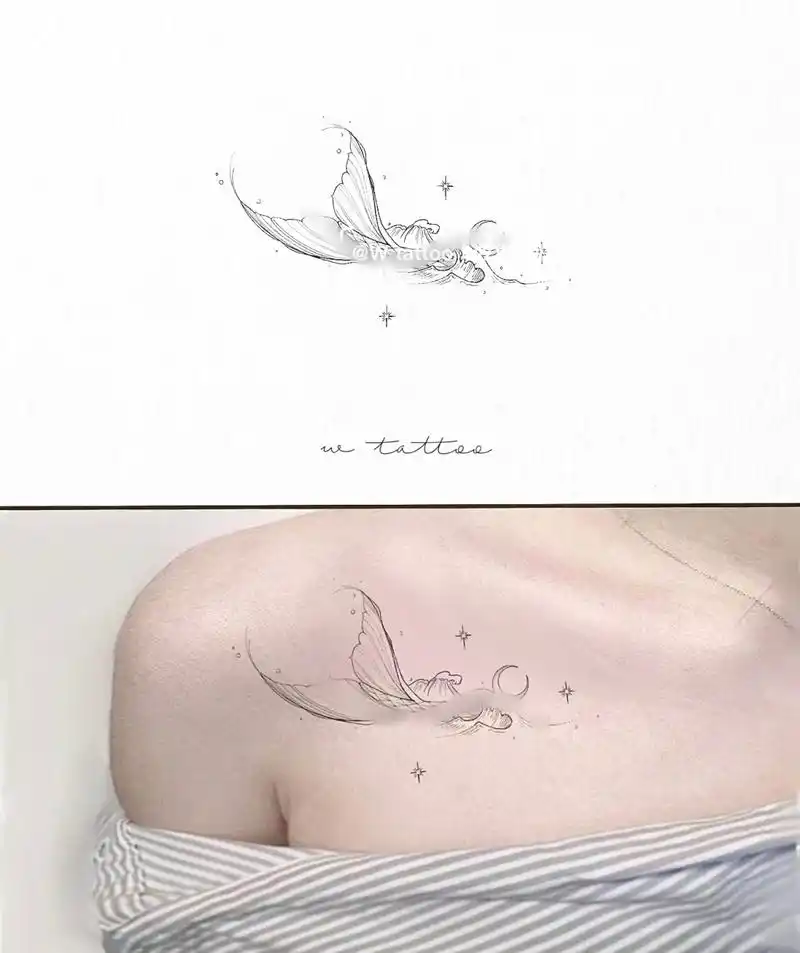 原创纹身图案|人鱼尾海浪锁骨纹身设计手稿 |0469♀159878