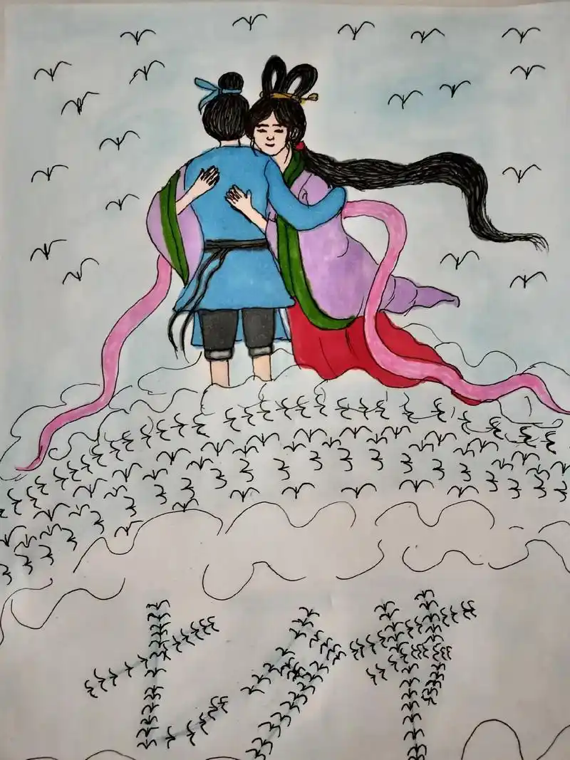 今天是七夕节,画两幅牛郎织女在鹊桥相会!