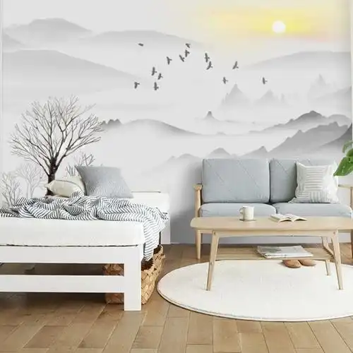 现代中式水墨山水壁纸抽象麋鹿影视墙布壁画客厅沙发电视背景墙纸