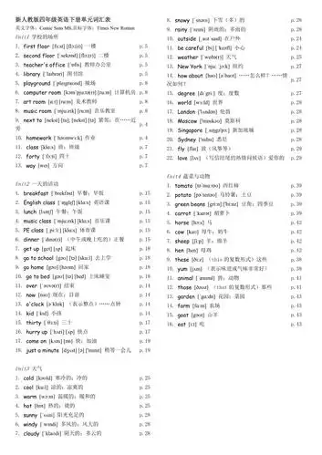 新人教版四年级英语下册单元词汇表