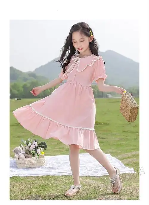 十岁小女孩棉质公主裙子12今年流行小孩子穿的甜美可爱紫色格子160cm