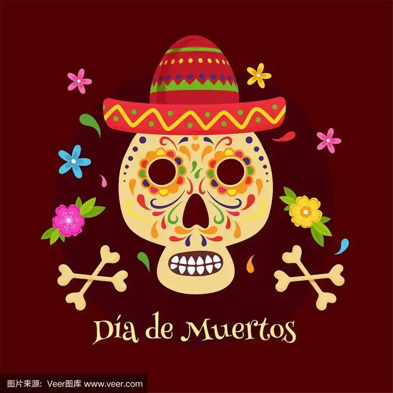 亡灵节海报或模板设计,以骷髅头或calavera头戴宽边帽和装饰在酒红色