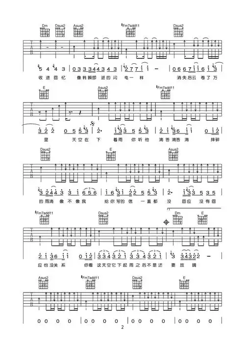 下雨吉他谱-弹唱谱-bb调-虫虫吉他