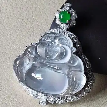 逸之璟 缅甸老坑a货翡翠冰种白冰弥勒佛公18k金镶嵌翡翠吊坠