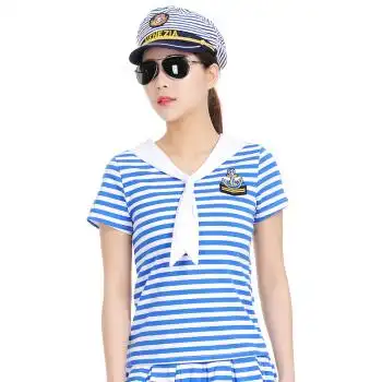 幂范西夏季水兵舞服装蓝白条纹海魂衫短袖t恤女海军领广场舞演出服