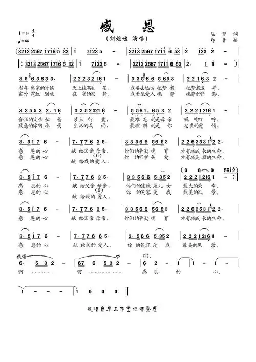 印青曲,刘媛媛演唱)简谱该歌谱演奏者为刘媛媛,歌曲名称为感恩,歌谱
