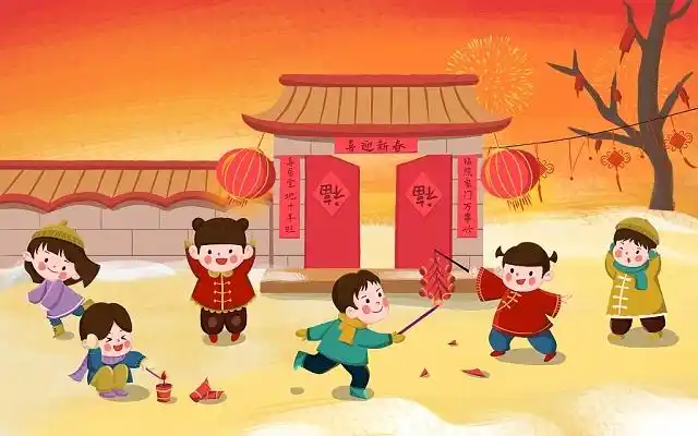 开心过大年 卡通过年习俗放鞭炮插画 快乐的玩耍 png素材