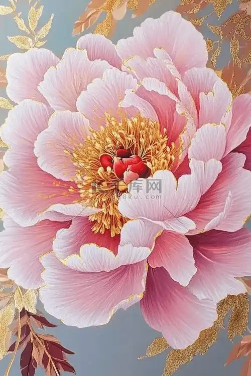 盛开粉色唯美牡丹花手绘插画