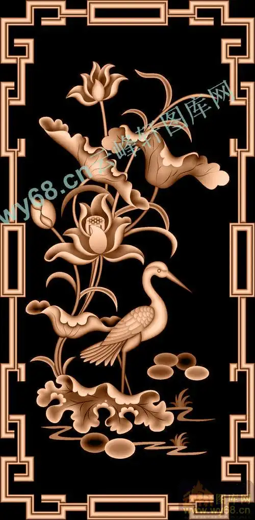 荷花仙鹤明四门橱-浮雕图库-精雕图,jpd图,浮雕图,木雕,家具,玉雕图