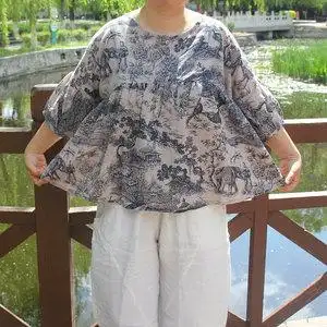 夏季短款大码棉麻t恤衫原创山水画民族风半开上下拼接雪蓝衫9133