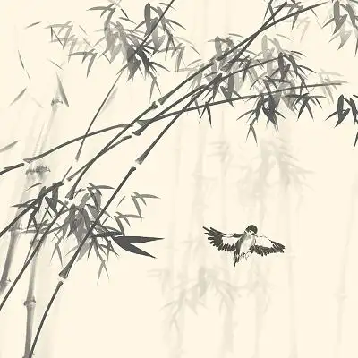水墨古风细竹竹林竹叶古风水墨竹子小鸟