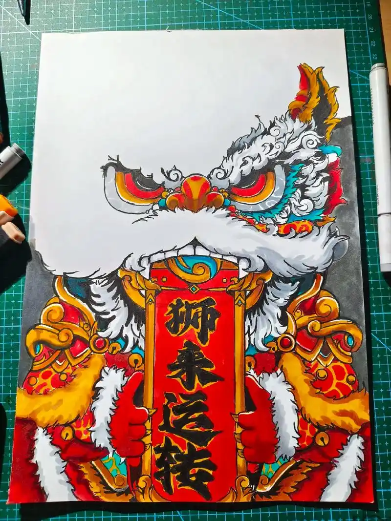 不会画画怎么办救命#绘画过程分享 #马克笔手绘 #舞狮创意画 - 抖音