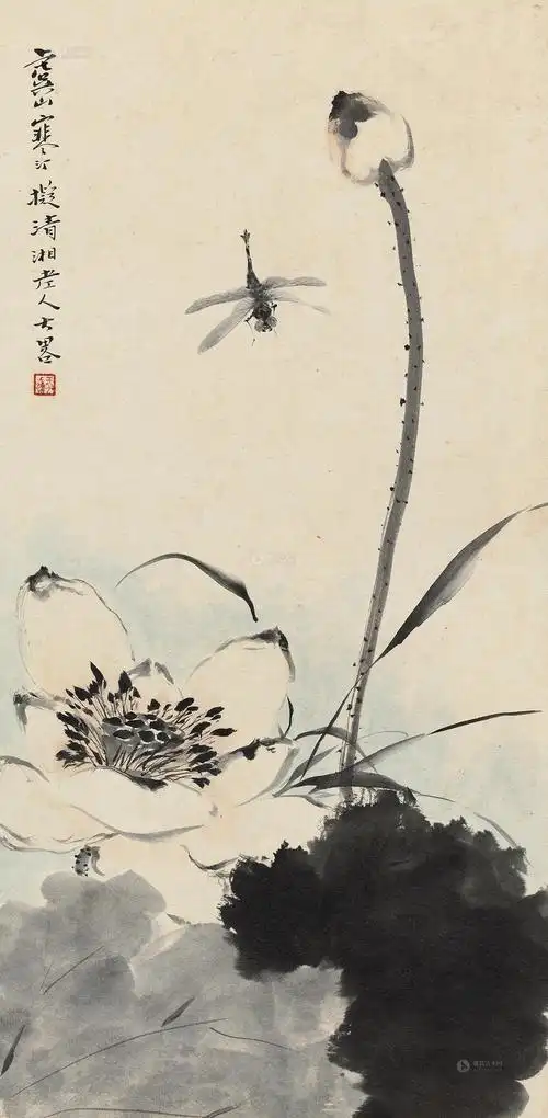 0918 荷花蜻蜓 立轴 设色纸本