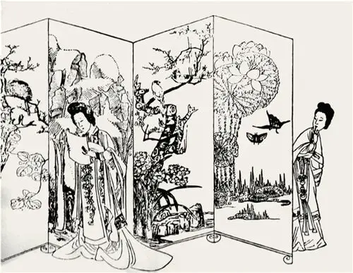 陈洪绶 《西厢记》插图《窥简》 木版画 明末