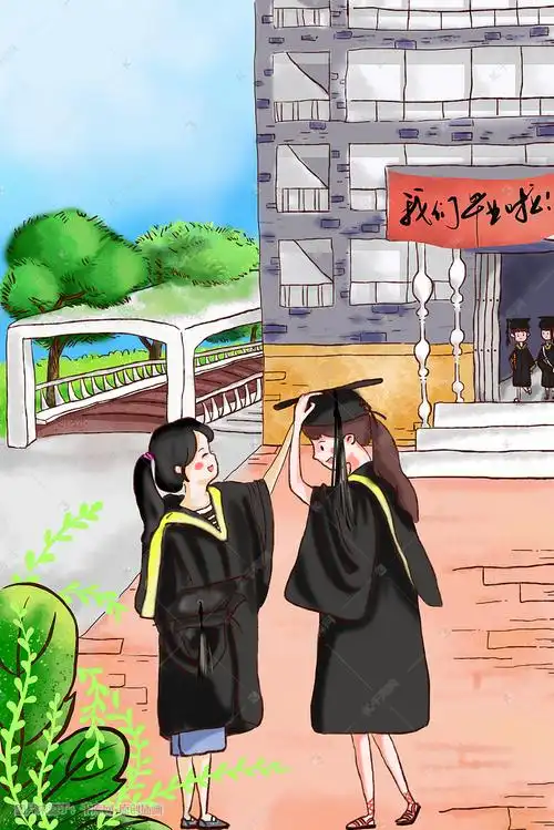 毕业季开心女大学生穿学士服戴学士帽清新图