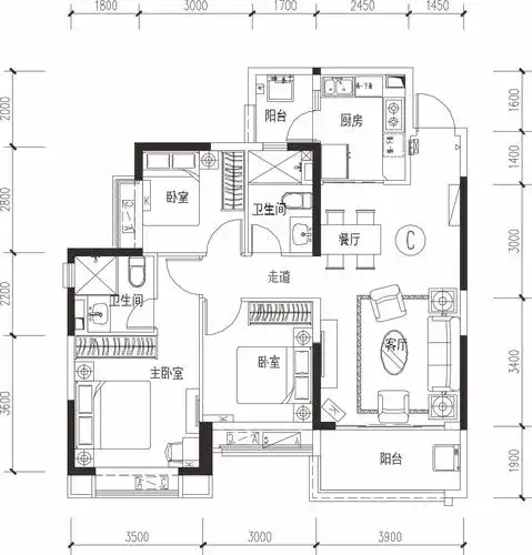 恒大西辰绿洲1期106㎡户型户型图,3室2厅2卫106.