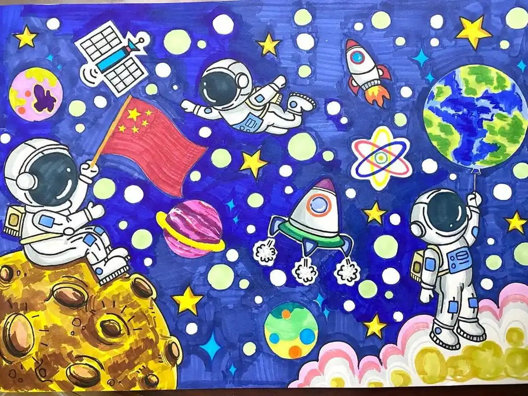 原创 宇宙太空航天宇航员星空儿童创意画 禁止商用,临摹请告知!