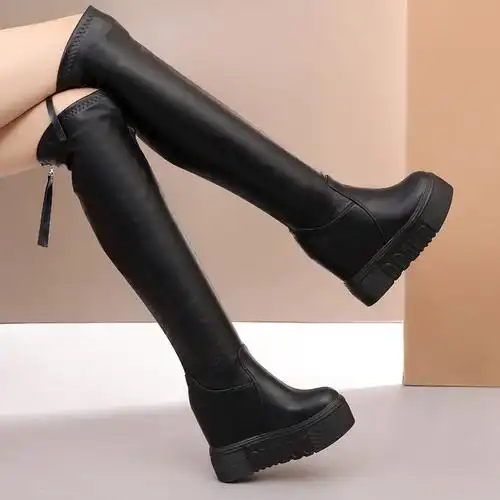 加绒长皮靴内增高超高跟性感过膝女靴2021秋冬防水台加棉皮靴纯色