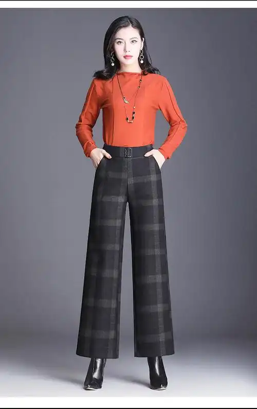 亲肤舒适中年女士冬天穿的中年女士方格子毛呢阔腿裤女秋冬九分直筒格