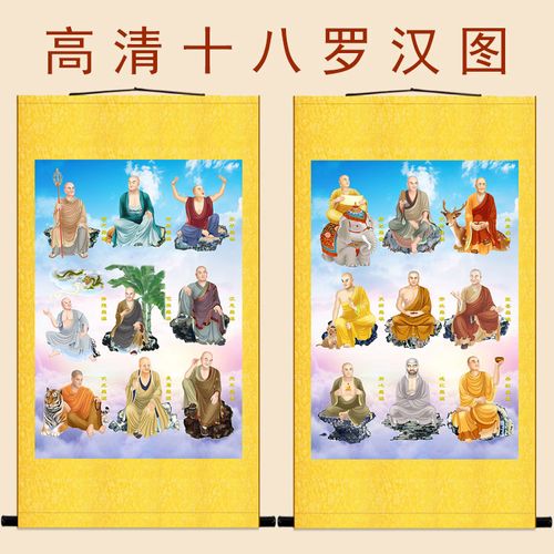 高清十八罗汉图画像 伏虎降龙尊者人物画 佛堂水陆卷轴挂画装饰画