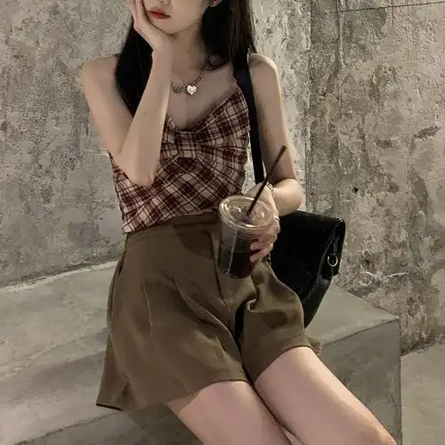 675#原版格子布套装女2021夏季格子背心蝴蝶结吊带上衣高腰短裙裤