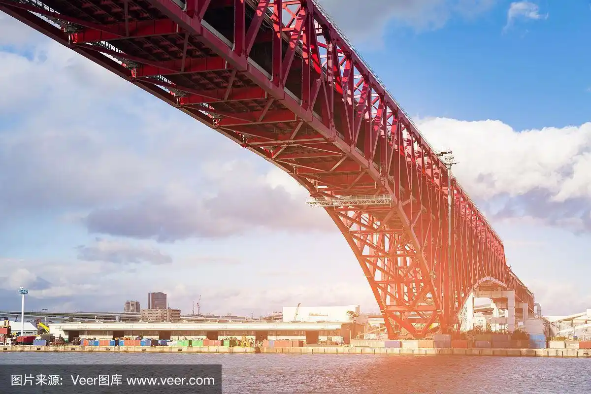 日本大阪的江户大桥上海港的天际线和蓝色的天空背景