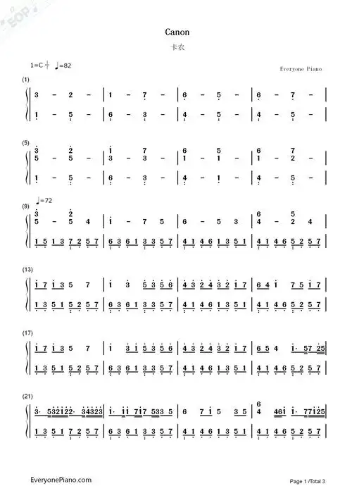 卡农-canon双手简谱预览1-钢琴谱文件(五线谱,双手简谱,数字谱,midi