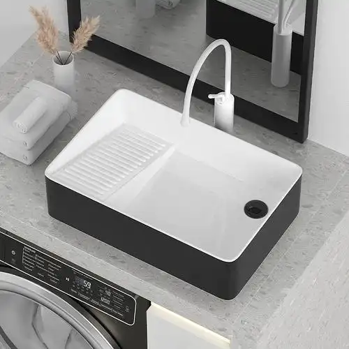 洗衣机陶瓷台上盆带搓衣板阳台洗手盆左右侧下水洗手池偏口洗衣盆