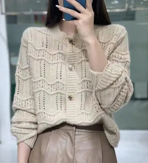 女镂空麻花毛衣纯羊毛时尚圆领羊绒开衫外套宽松针织衫秋冬新款