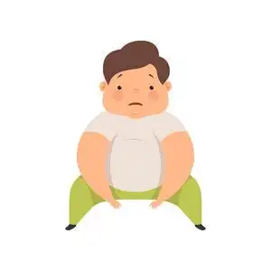 胖人物可爱的超重男孩坐在地板上, 胖乎乎的儿童卡通人物矢量插图在