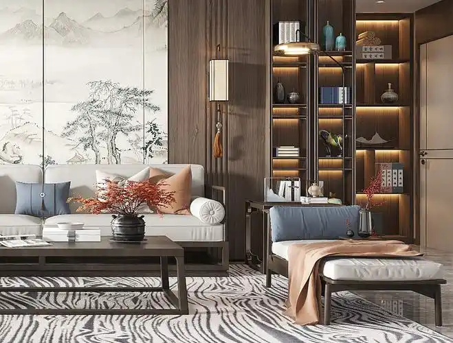 新中式客厅全景效果图制作