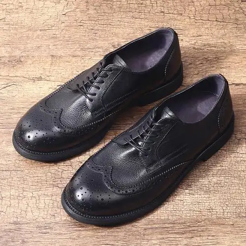 catsecrocs英伦风潮流商务正装复古褶皱牛皮鞋男士布洛克雕花休闲圆头