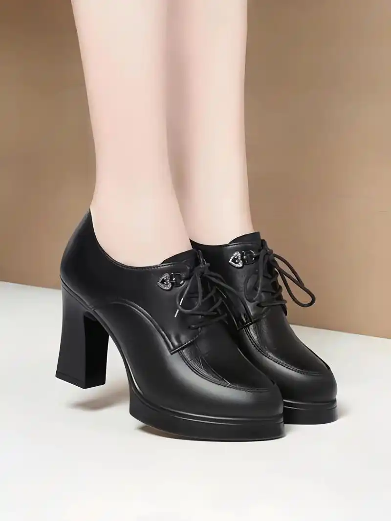 啄木鸟防水台高跟鞋中年女士皮鞋粗跟厚底