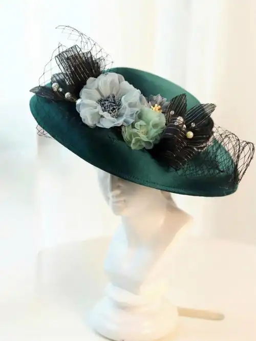 沙龙定制法式复古礼帽绿色缎面款